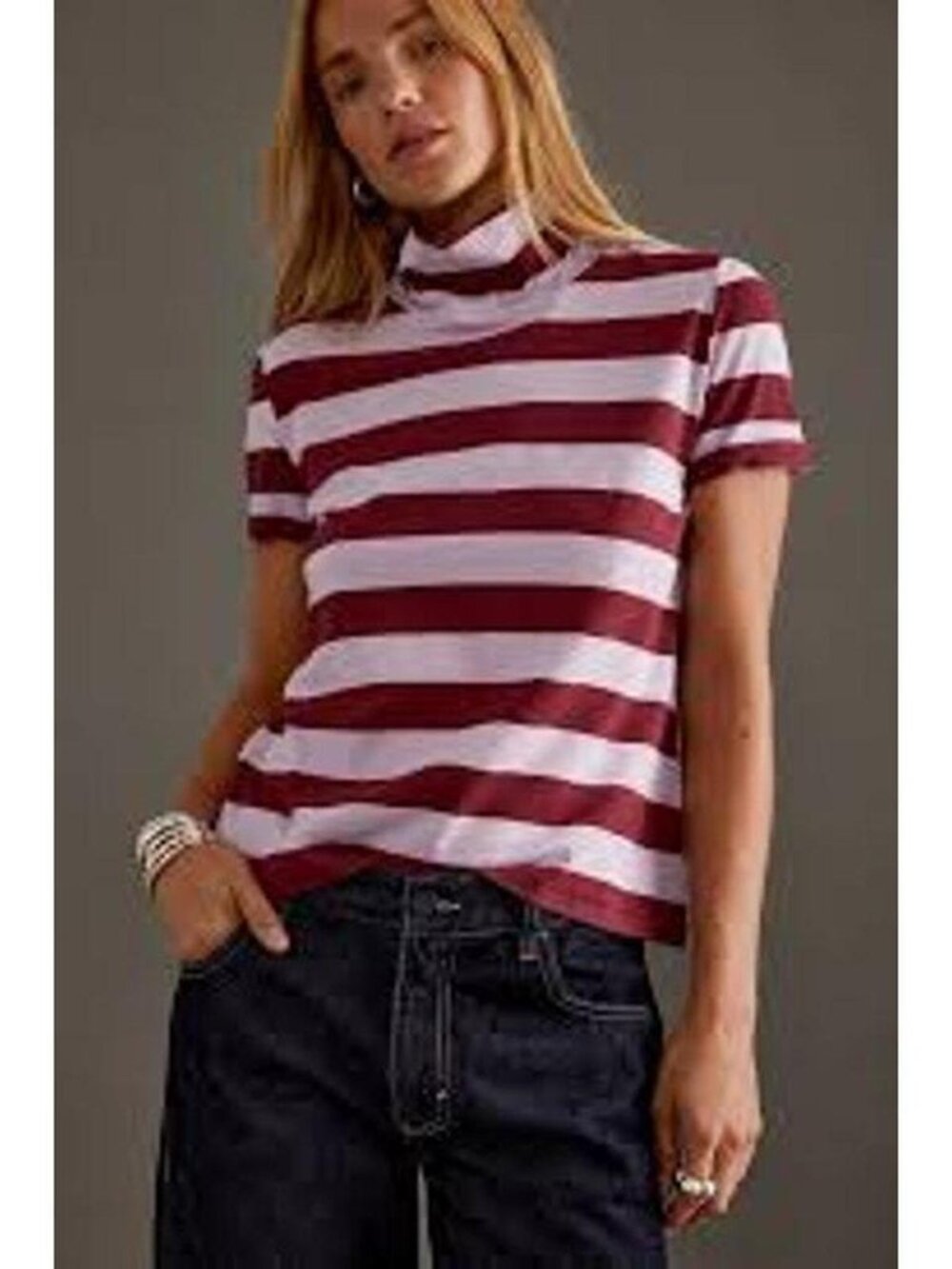 Anthropologie Maeve Purple Striped Mock Neck Short Sleeve Top